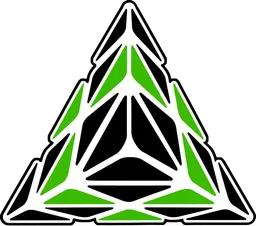 Pyraminx con tutti i pezzi neri, tranne gli spigoli verdi.