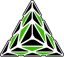 Pyraminx con tutti i pezzi neri, tranne i centri verdi.