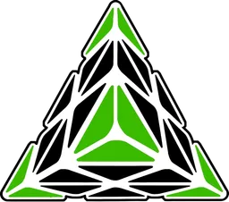 Pyraminx con tutti i pezzi neri, tranne le punte verdi.